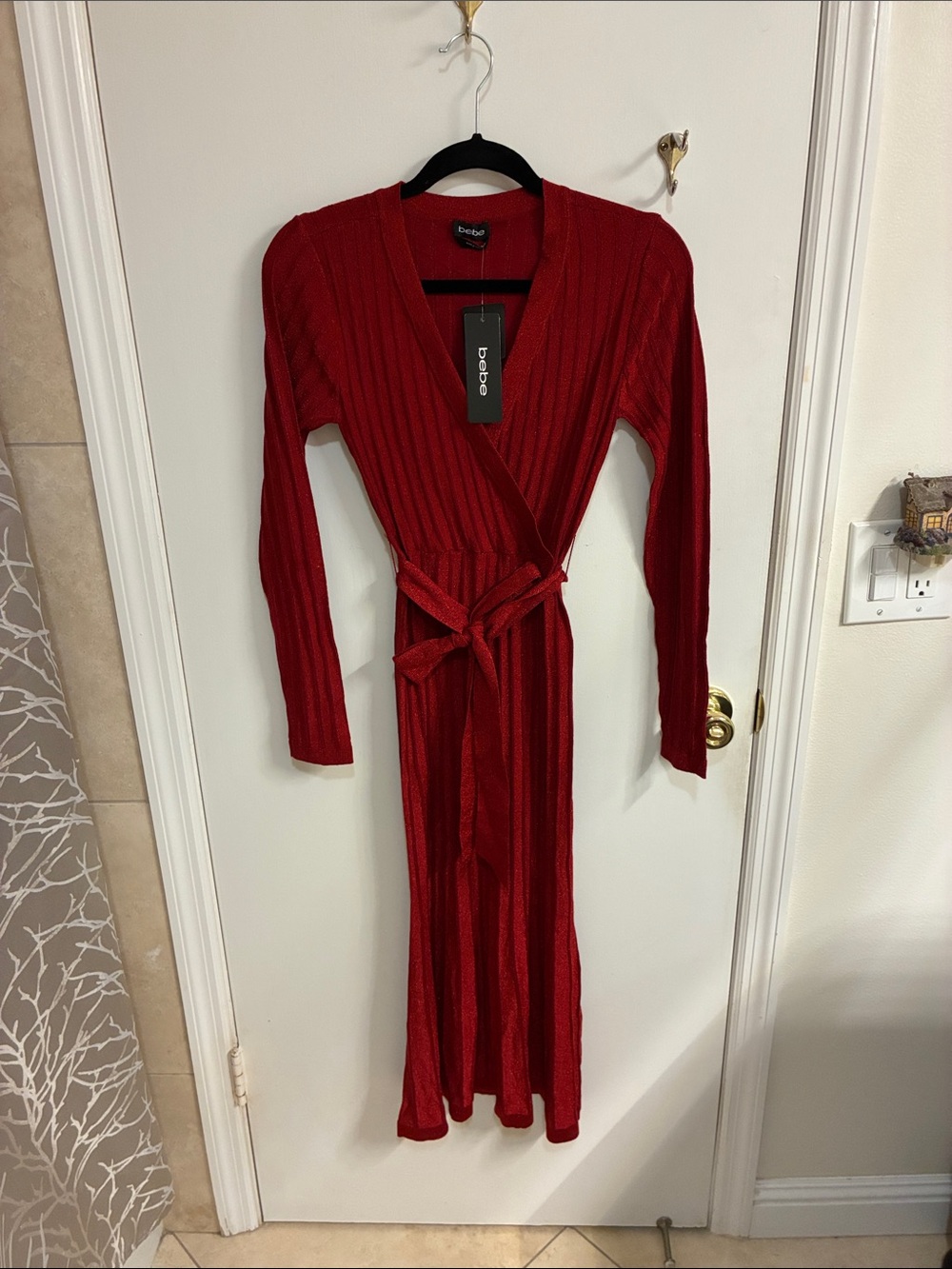 NWT bebe Crimson Ribbed Wrap Maxi Dress with Self-Tie Sz S